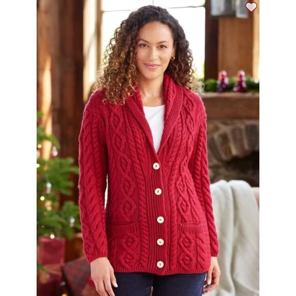 Irish Merino Wool Cardigan Shannon Woolen Mills Cable Knit Red Shawl Collar XS - Picture 1 of 4